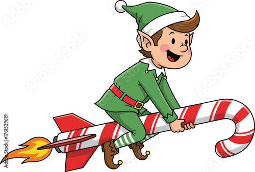 Playful Christmas elf riding a candy cane rocket, funny cartoon holiday illustration full of festive joy and Christmas spirit