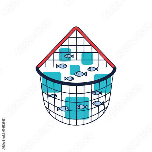 A cartoon of a fishing net filled with small fish.