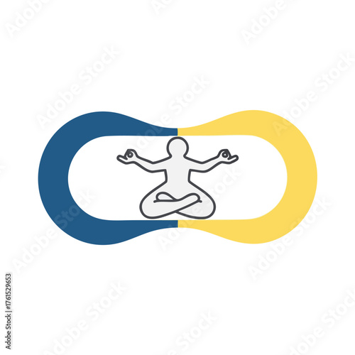 Figure meditating in lotus pose within a blue and yellow abstract shape.