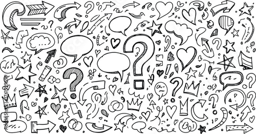 Vector art of doodle elements with question marks, speech bubbles, and arrows