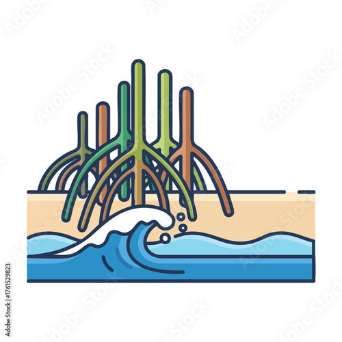 Stylized of mangrove roots on a beach with a crashing wave.