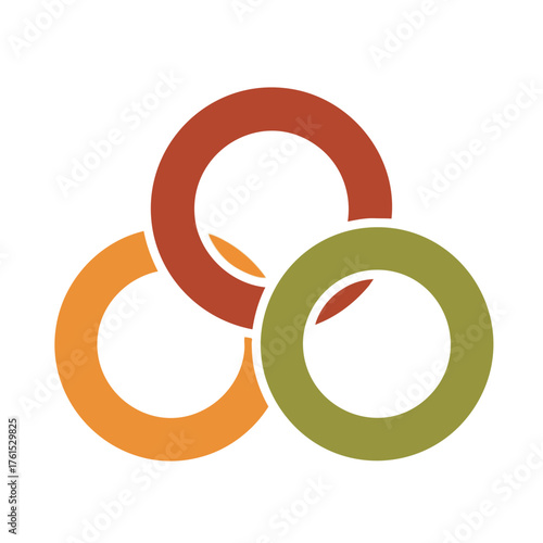 Abstract logo with three interlocking rings in earthy tones.