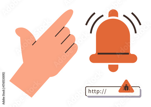 Hand snap gesture activates ringing bell symbol and bug alert on URL bar. Ideal for cybersecurity, digital safety, online warning, risk management, notifications, software alerts, simple flat