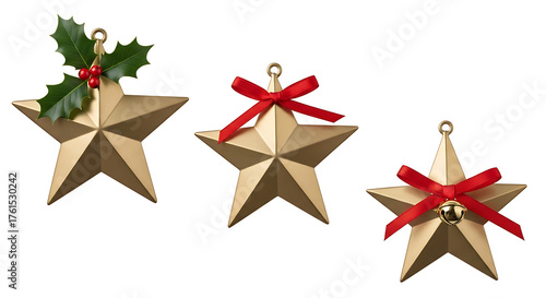 Three golden star Christmas ornaments with red ribbons