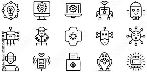 AI Technology Icons, Set Of Artificial Intelligence Robotics And Automation Symbols For Tech Startup Design Project Management Applications

