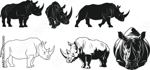 Rhino animal silhouette and line art collection showing detailed horn and body design in various artistic styles, cad drawing flat vector illustration