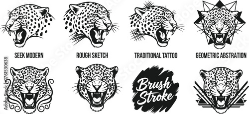 Leopard head roaring illustration in various modern art styles, tattoo, geometric, and sketch designs for creative branding, cad drawing flat vector illustration