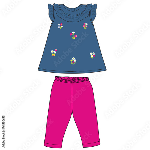 girls baby denim frcoks with leggings cute  flower print.eps