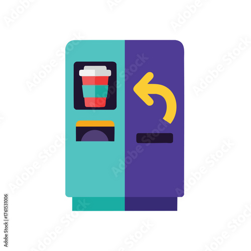 Flat icon of a modern beverage vending machine with a coffee cup and arrow.