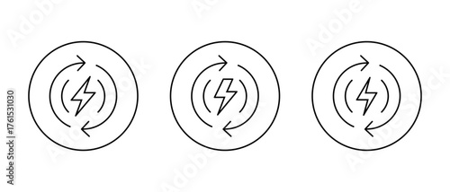 Energy loop icon set in circular outline. Power rotation and renewable electricity symbol