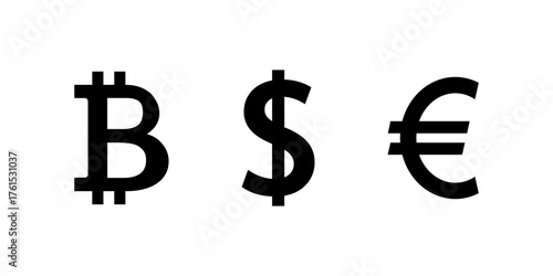 Bitcoin, dollar, and euro money icon. Financial currency symbol