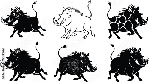 Collection of warthog cartoon silhouettes in dynamic poses, playful wild animal illustration, african wildlife artwork, funny character design, cad drawing flat vector illustration