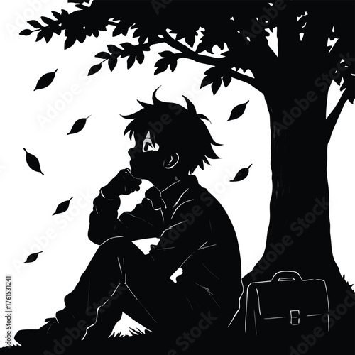 young boy sits under a tree lost in thought