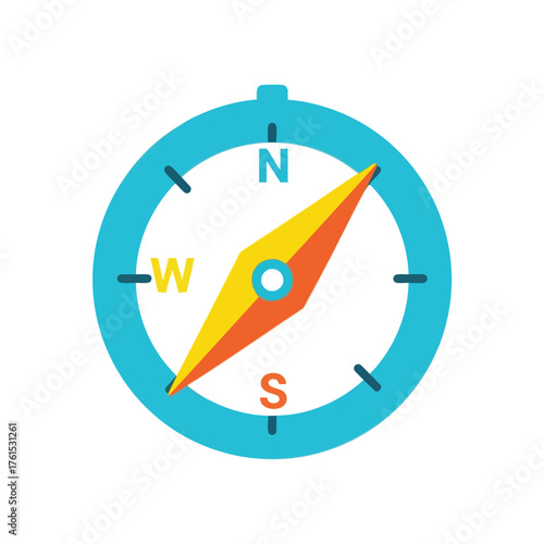 A bright, stylized compass with N, S, and W indicators.