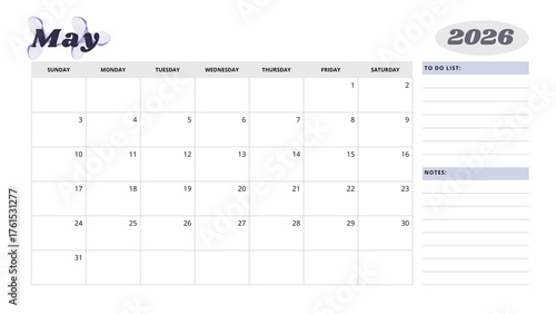 Minimalist Simple 2026 Monthly Calendar -  Minimalist Simple May 2026 Monthly Calendar