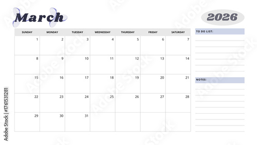 Minimalist Simple 2026 Monthly Calendar -  Minimalist Simple March 2026 Monthly Calendar