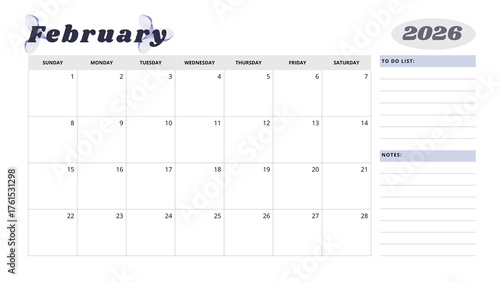 Minimalist Simple 2026 Monthly Calendar -  Minimalist Simple  February 2026 Monthly Calendar