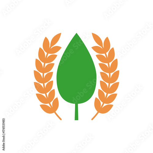 Green leaf and bent wheat ears in the shape of a wreath. Vector illustration.