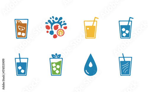 A set of icons featuring fresh juice and water drinks. Includes iced tea, fruity splashes, a lemon soda glass, refreshing mint, a cool bottle, and liquid beverage glyphs.