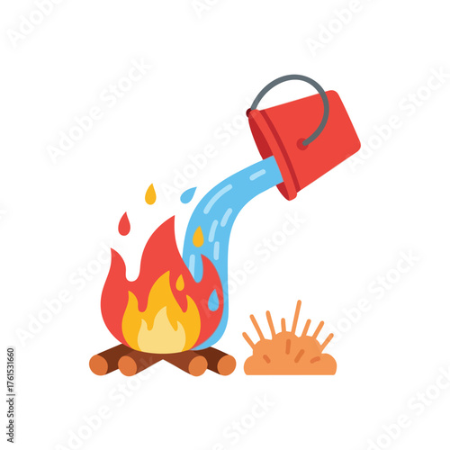 A bucket of water is being poured onto a campfire.