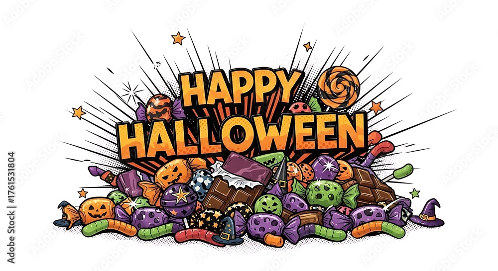 Fototapeta premium Happy halloween pile of candy and treats isolated on white