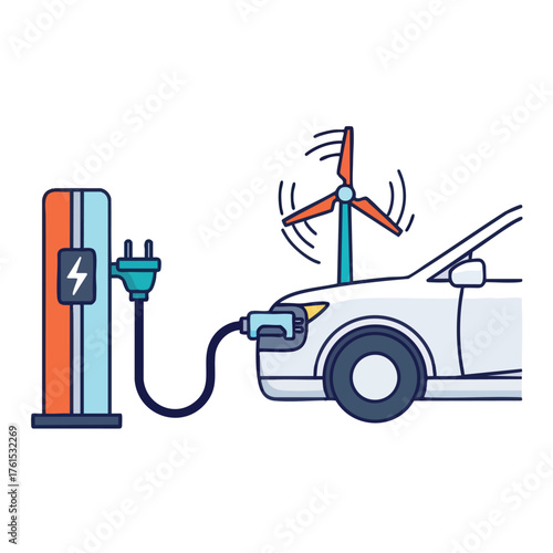 An electric car charging from a station, powered by a wind turbine.