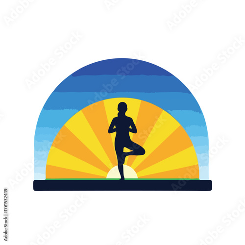 Silhouette of a person in a yoga tree pose against a sunrise backdrop.