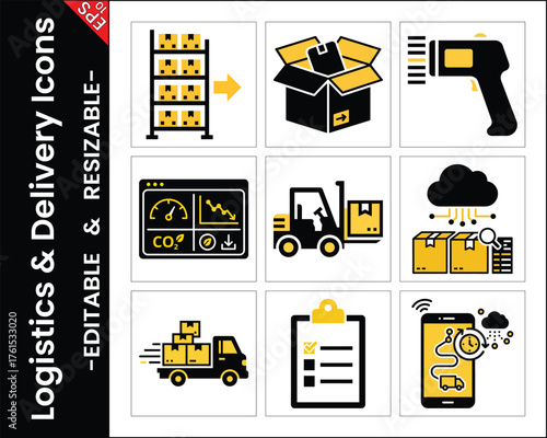Logistics And Delivery Vector Icons Set Featuring Warehouse Boxes Scanner Truck And Tracking Technology