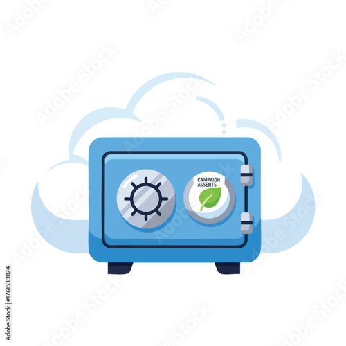 A blue safe in the clouds with "Campaign Assents" and a leaf.