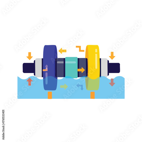 of a turbine system with water flow and arrows.