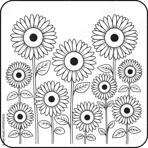 Sunflower Field Coloring Page for Kids and Adult | Tall Sunflowers Line Art Illustration | Printable Floral Pattern Coloring Sheet for Relaxation, Mindfulness, and Art Therapy, Vector Illustration.