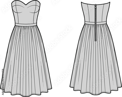 Women's dress technical sketch, fashion flat drawing, front and back view, pleated skirt, sweetheart neckline, zipper closure, cad vectorWomen's dress 