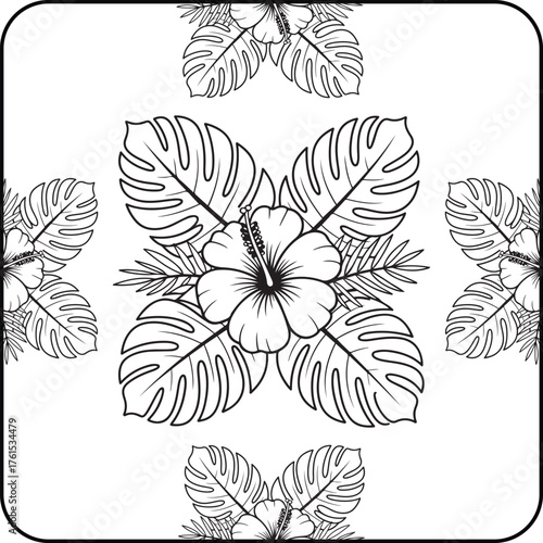 Hibiscus and Tropical Leaves Coloring Page | Exotic Flower Line Art Illustration | Printable Botanical Floral Design for Adult Coloring Book and Relaxation Art Therapy.