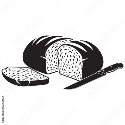 Artistic illustration of a sliced loaf of dark bread with a knife