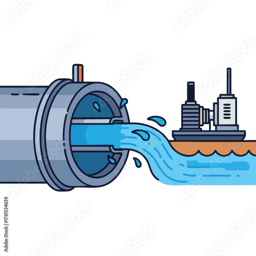 of water flowing from a pipe into a body of water with pumps.