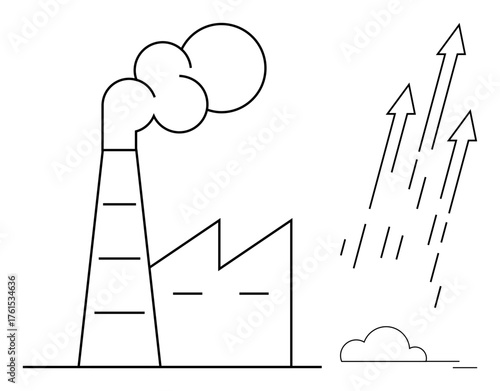 Factory with smoke emitting from the chimney alongside arrows pointing upward. Ideal for industry, growth, pollution, environment, energy, economy, sustainability. Minimal flat metaphor