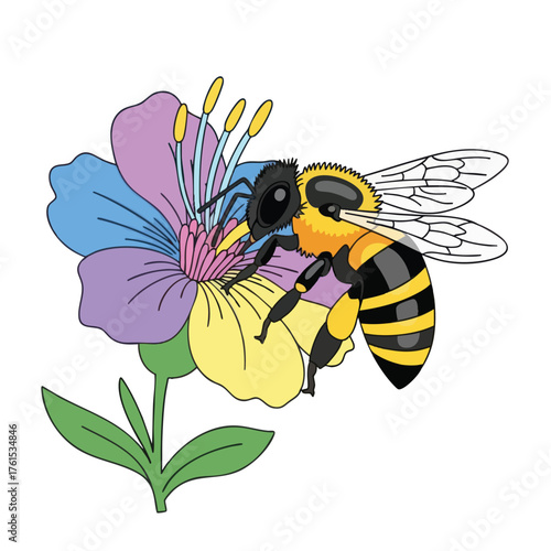 A bee collecting nectar from a colorful, stylized flower.