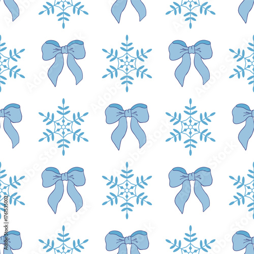 Christmas flirty pattern with blue ribbon bows and snowflakes. Vintage, winter background