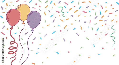 Three colorful balloons float upwards against a backdrop of festive confetti and streamers celebrating a special occasion