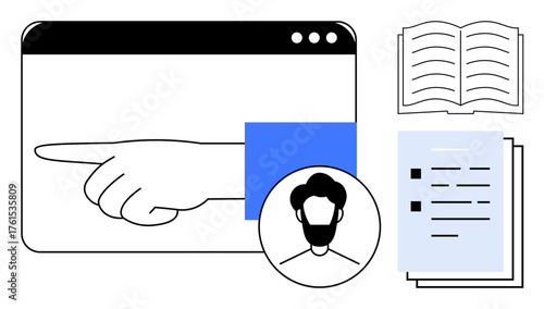 Hand pointing on browser, icon of person, open book, documents with text and checklist. Ideal for education, online learning, guidance, self-study, e-learning tools teaching platforms simple flat