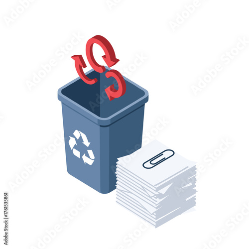 Recycling bin with paper clips and recycling symbol near a stack of paper documents and arrows indicating waste management.