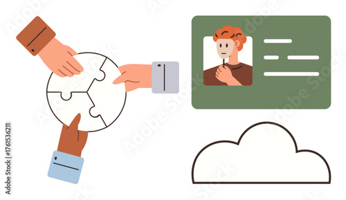 Hands assembling puzzle pieces, user profile with ID card visuals, and cloud icon symbolizing collaboration, identity, and digital storage. Ideal for business, communication, onboarding, data