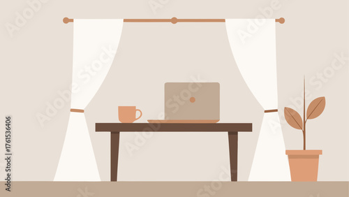 Cozy home office setup with laptop coffee and plant by the window