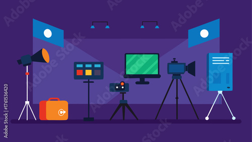 Illustration of a film set with cameras lighting and monitor