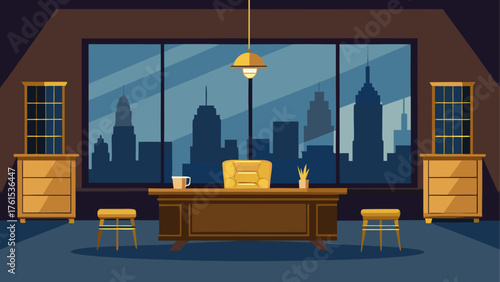 Executive office with city skyline view at dusk