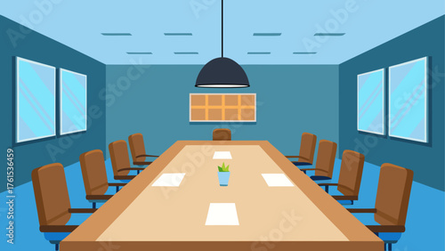 Modern conference room with long table and chairs