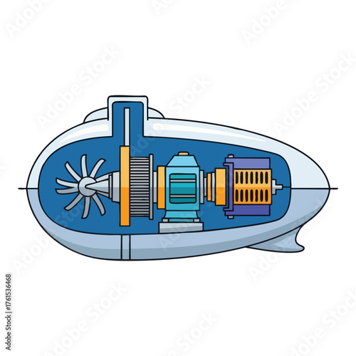 Cutaway of a futuristic engine with turbine and generator.