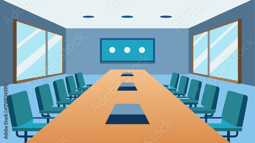 Modern conference room with large table and chairs and windows