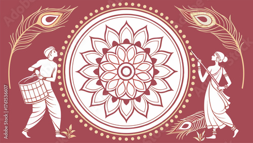 Traditional indian folk art depicts a vibrant scene with a central mandala dancers and peacock feathers on a rich red background