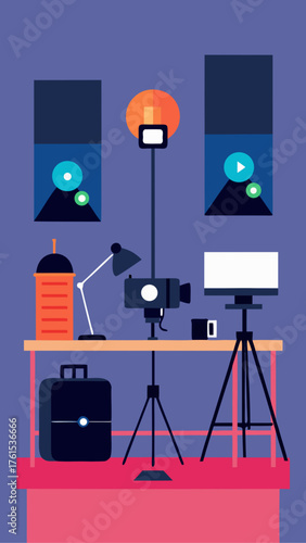 Creative workspace with video production equipment and a laptop